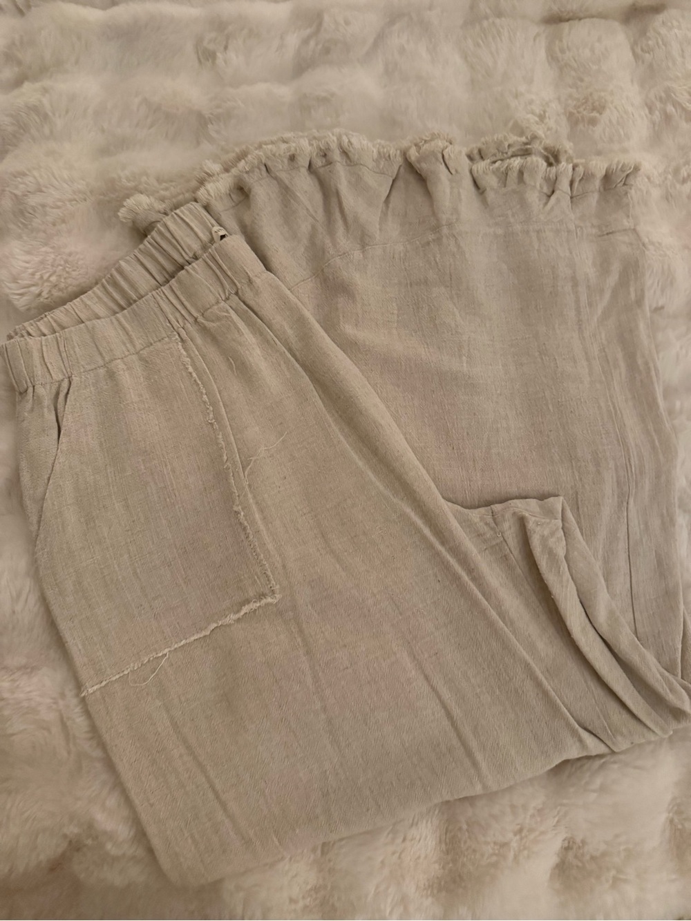 Women’s Casual Elastic-Waist Linen Blend Pants in Light Beige-ruffled bottom